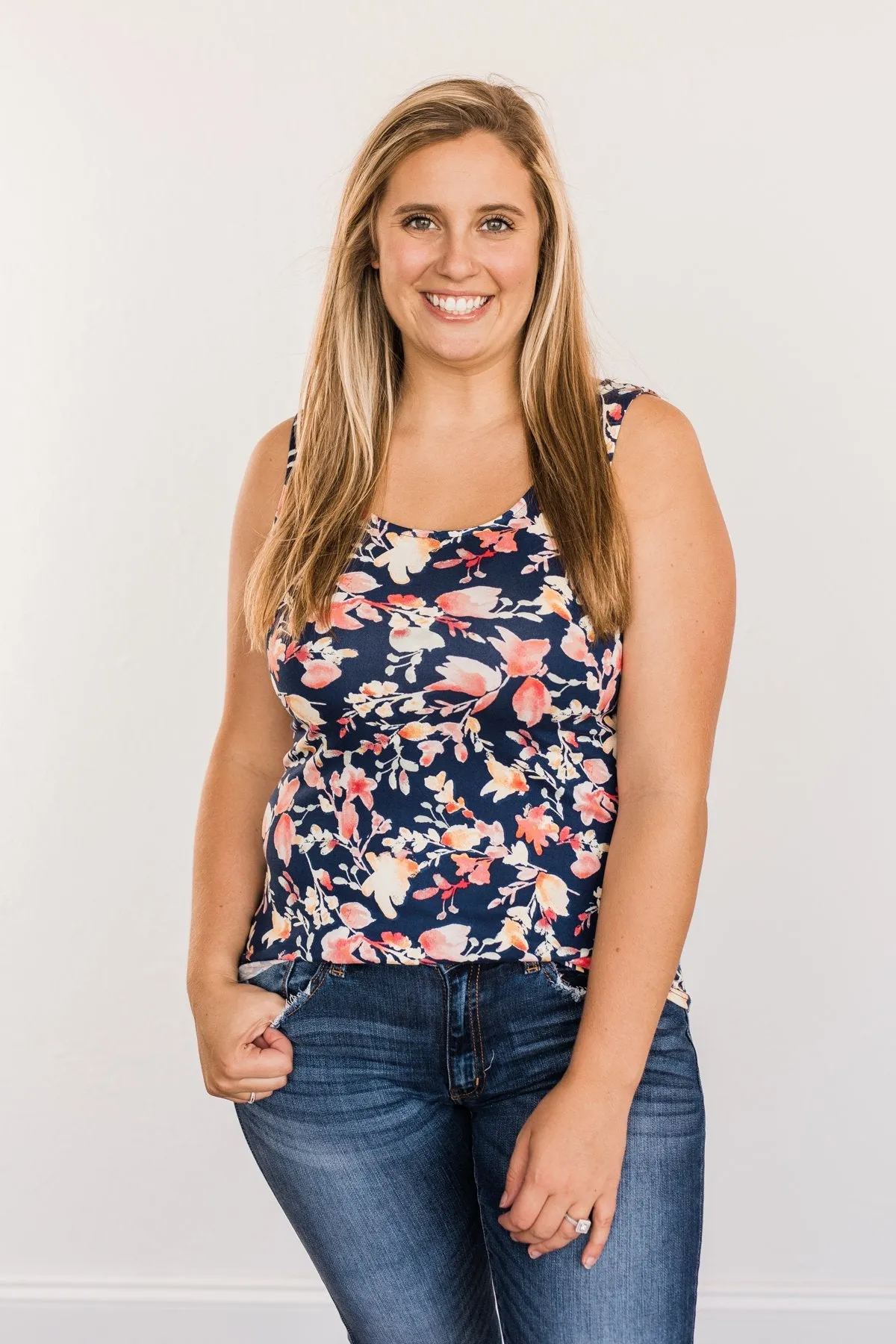 Sunshine & Good Vibes Floral Tank Top- Navy