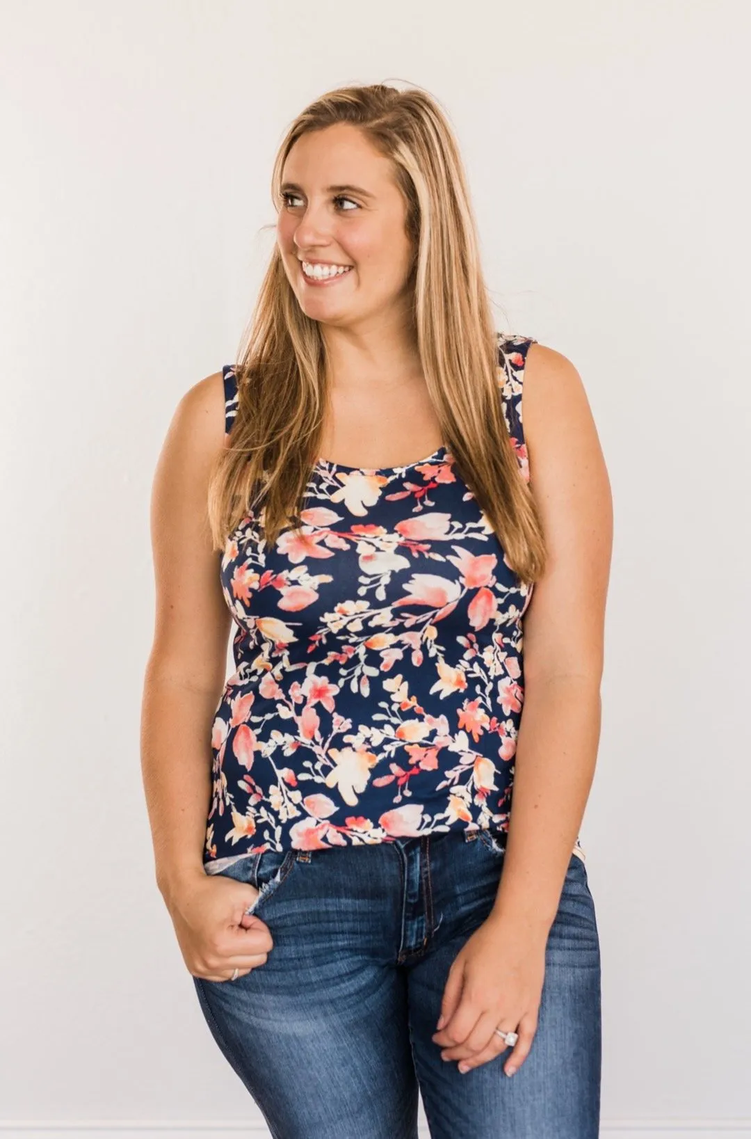 Sunshine & Good Vibes Floral Tank Top- Navy