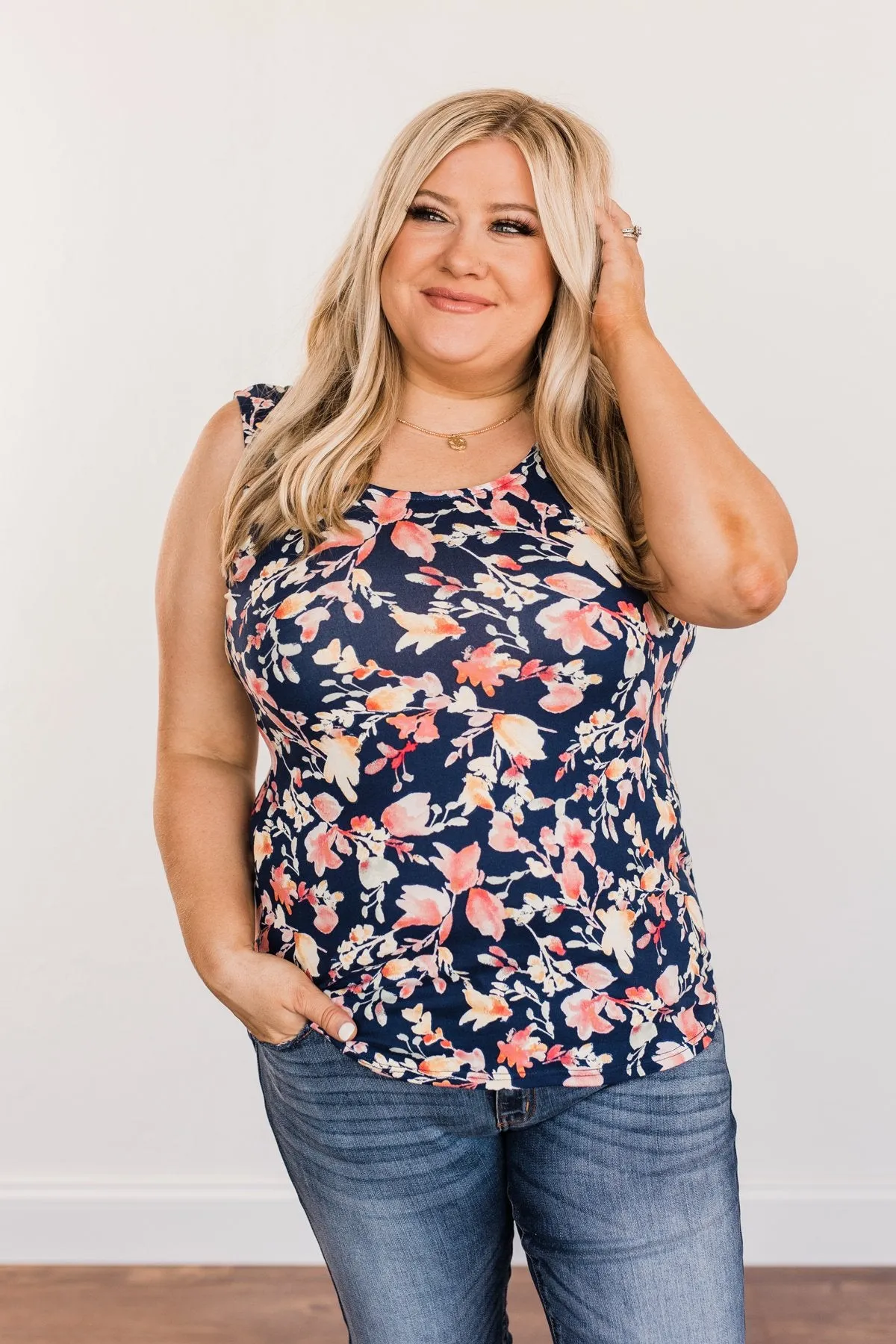 Sunshine & Good Vibes Floral Tank Top- Navy