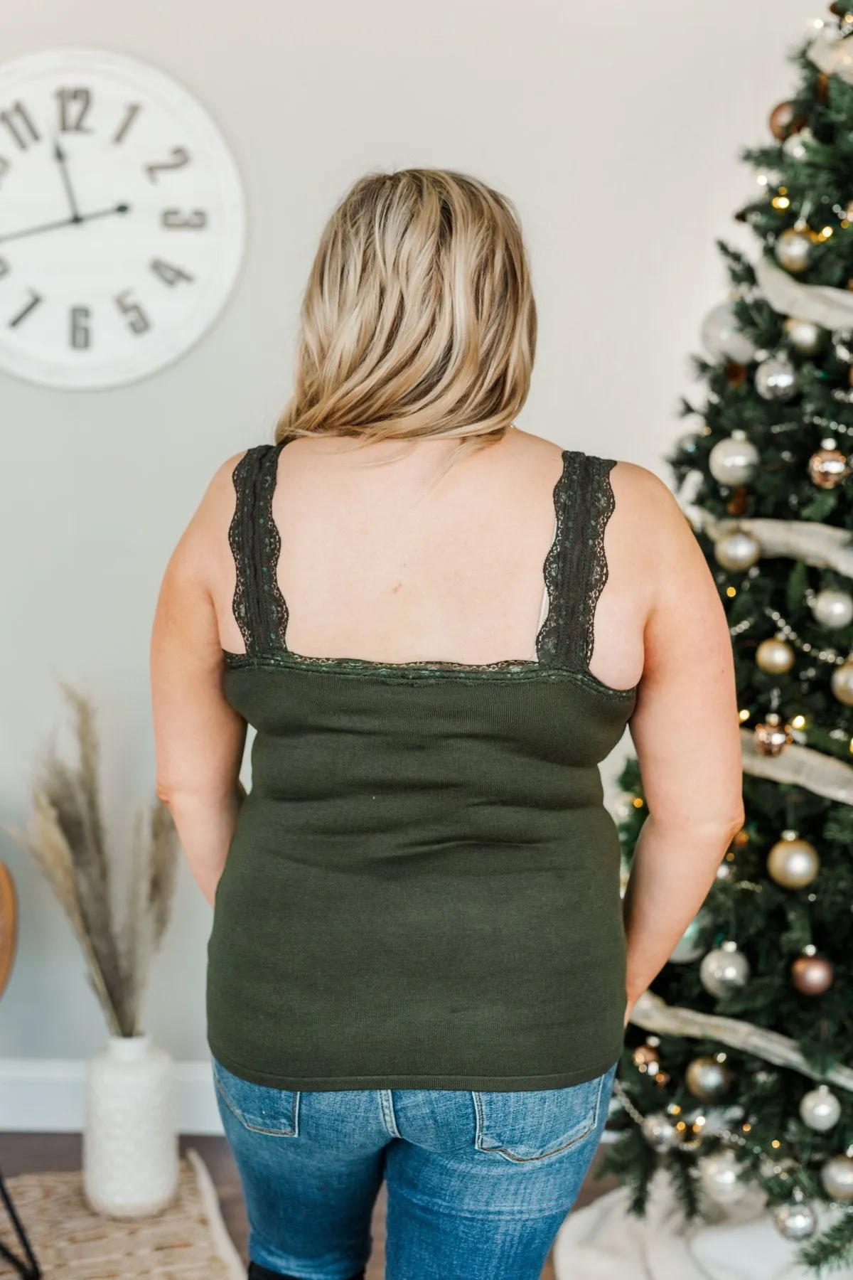 Sweet & Simple Lace Trimmed Tank Top- Dark Olive