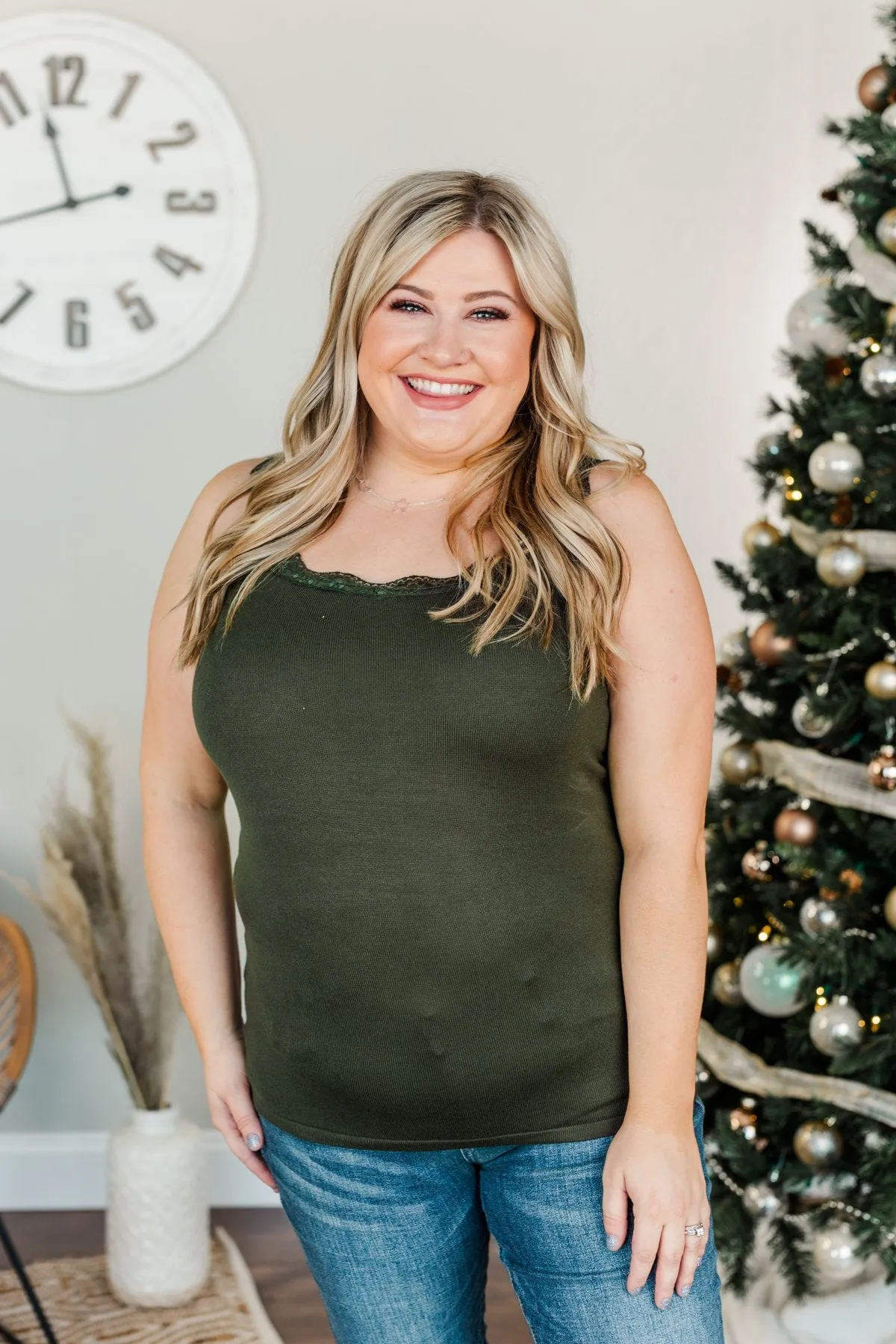 Sweet & Simple Lace Trimmed Tank Top- Dark Olive