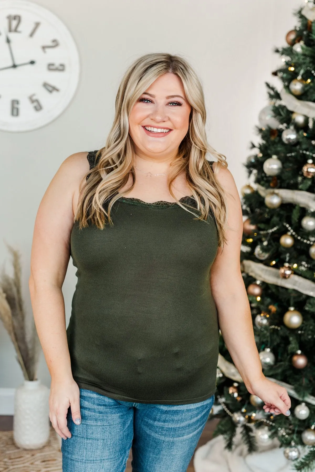 Sweet & Simple Lace Trimmed Tank Top- Dark Olive