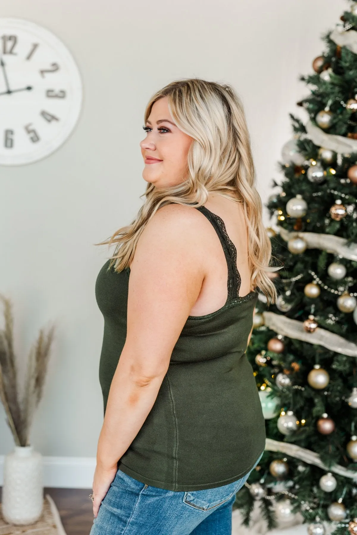 Sweet & Simple Lace Trimmed Tank Top- Dark Olive