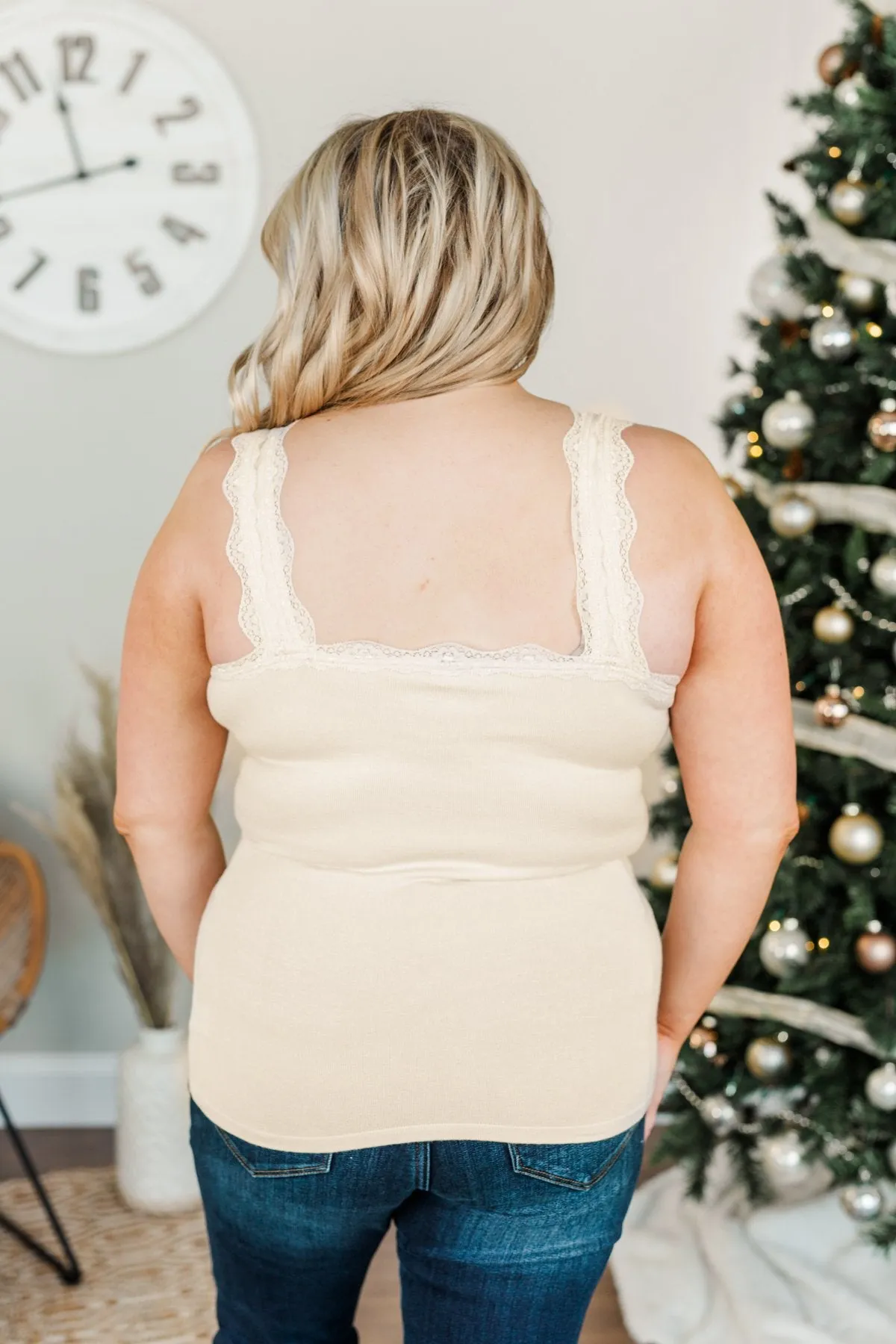 Sweet & Simple Lace Trimmed Tank Top- Light Beige