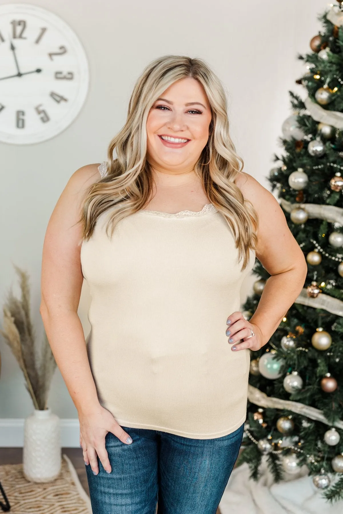 Sweet & Simple Lace Trimmed Tank Top- Light Beige