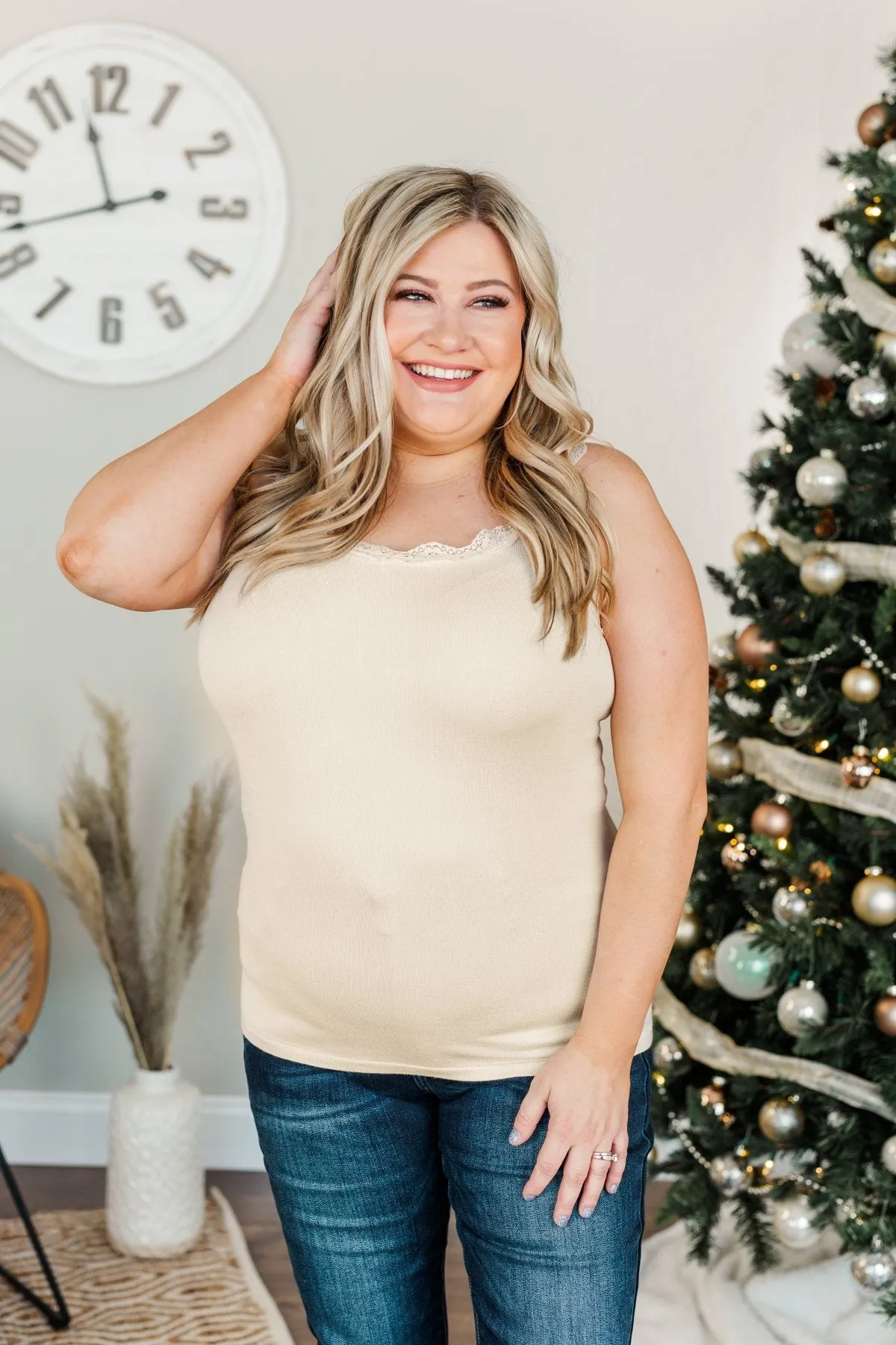 Sweet & Simple Lace Trimmed Tank Top- Light Beige