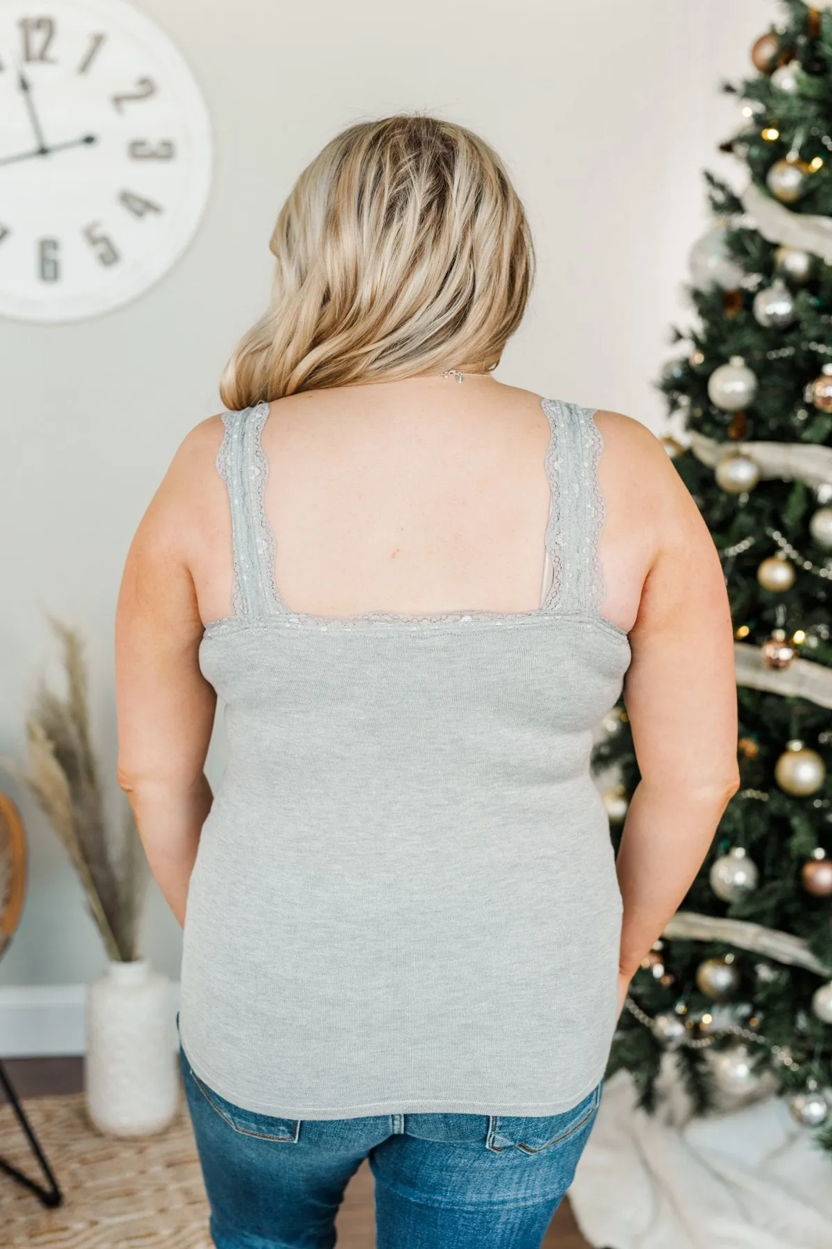 Sweet & Simple Lace Trimmed Tank Top- Light Grey