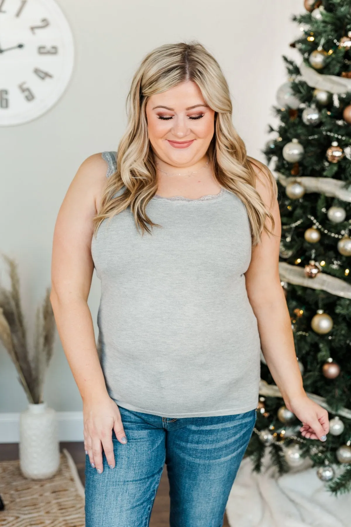 Sweet & Simple Lace Trimmed Tank Top- Light Grey