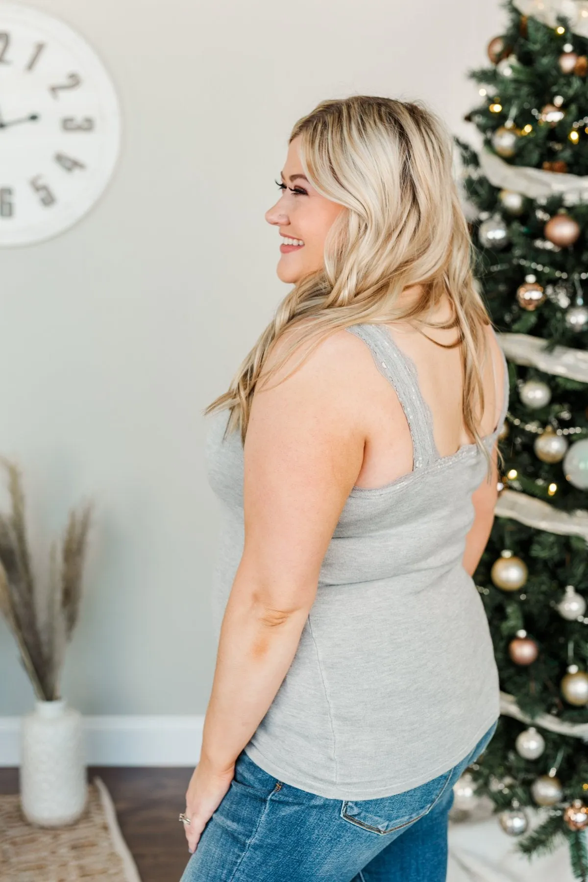 Sweet & Simple Lace Trimmed Tank Top- Light Grey