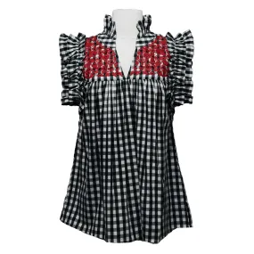 Texas Tech/Georgia Black Buffalo Check Gingham + Red Hummingbird Blouse