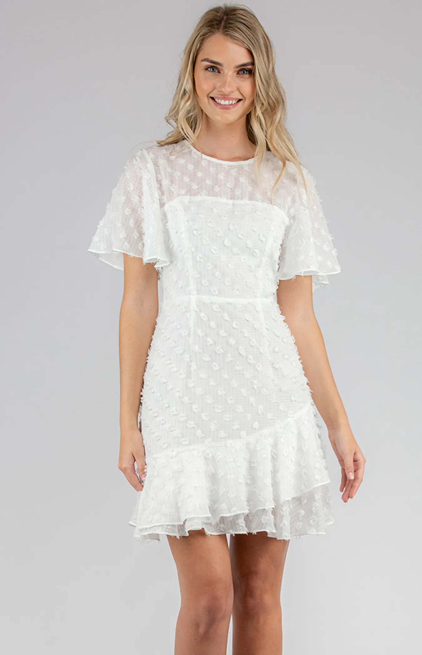 Textured Dress with Frill Hem and Flutter Sleeves (ADR985B)