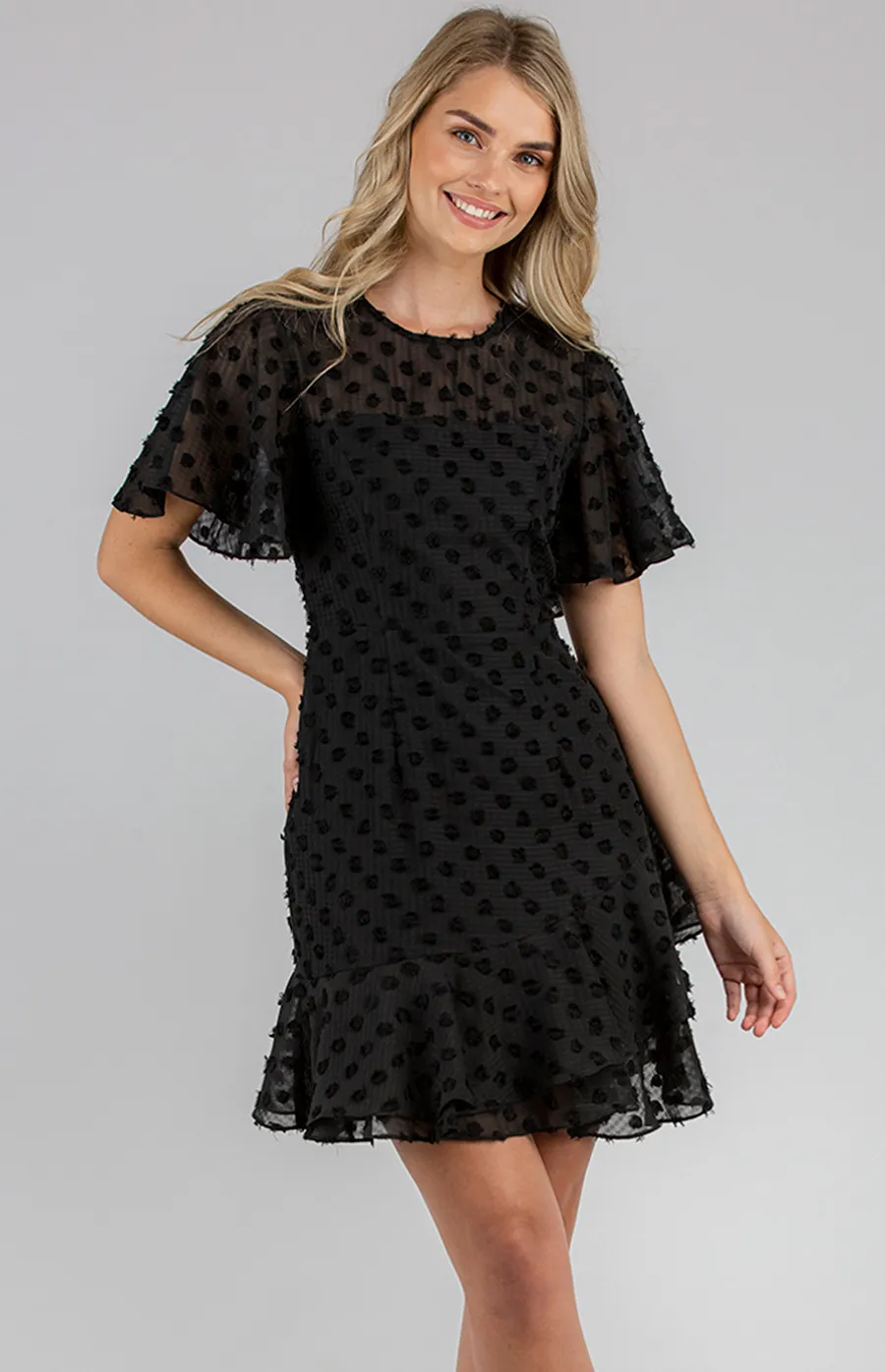 Textured Dress with Frill Hem and Flutter Sleeves (ADR985B)