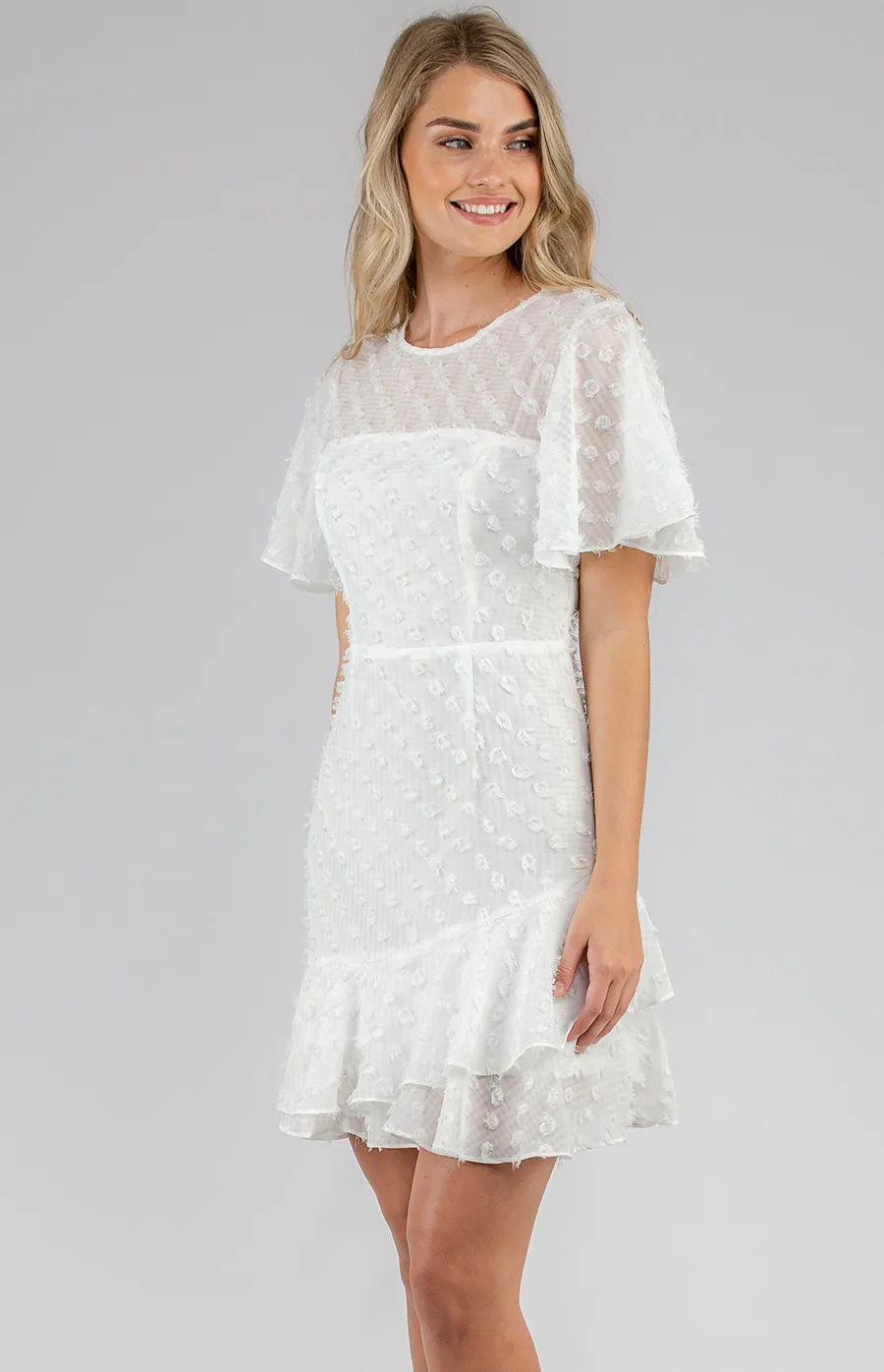 Textured Dress with Frill Hem and Flutter Sleeves (ADR985B)