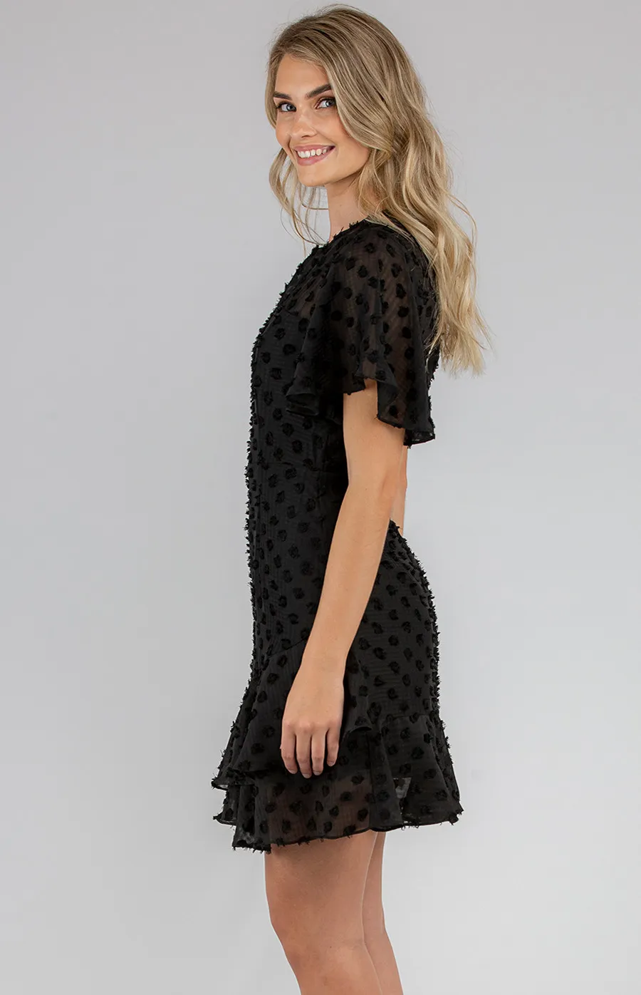 Textured Dress with Frill Hem and Flutter Sleeves (ADR985B)