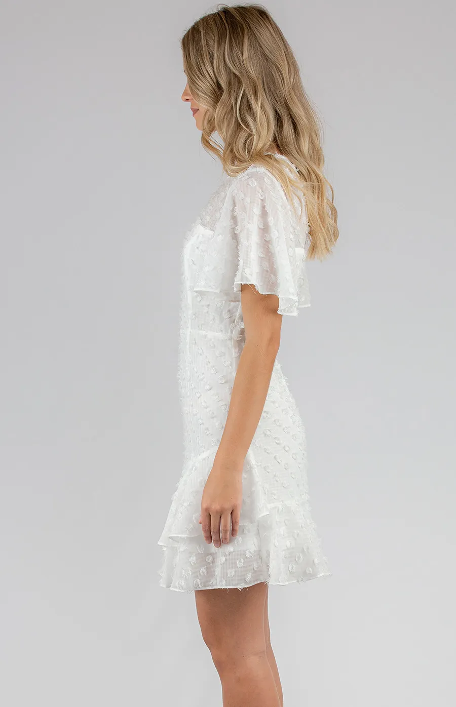 Textured Dress with Frill Hem and Flutter Sleeves (ADR985B)