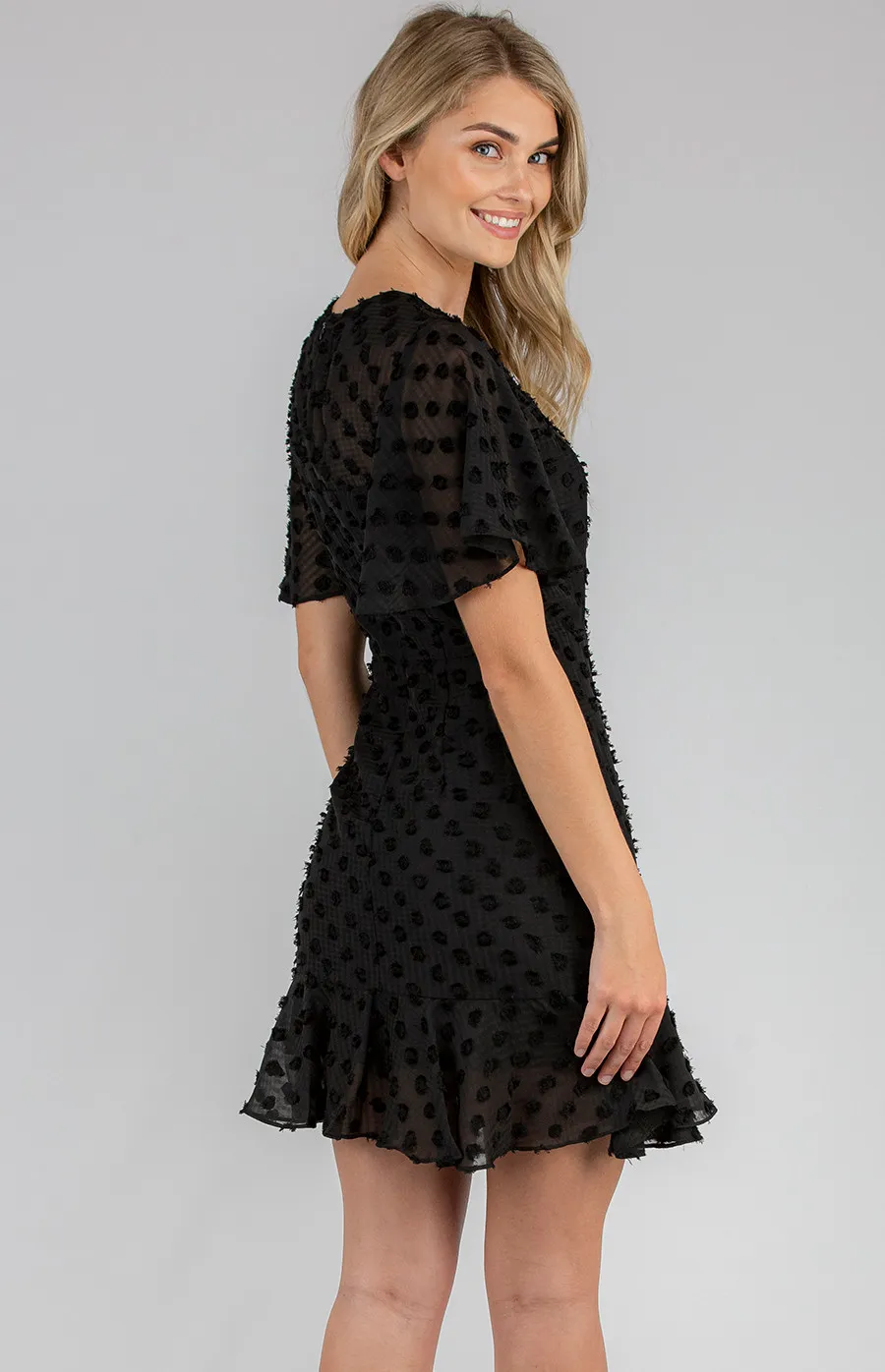 Textured Dress with Frill Hem and Flutter Sleeves (ADR985B)