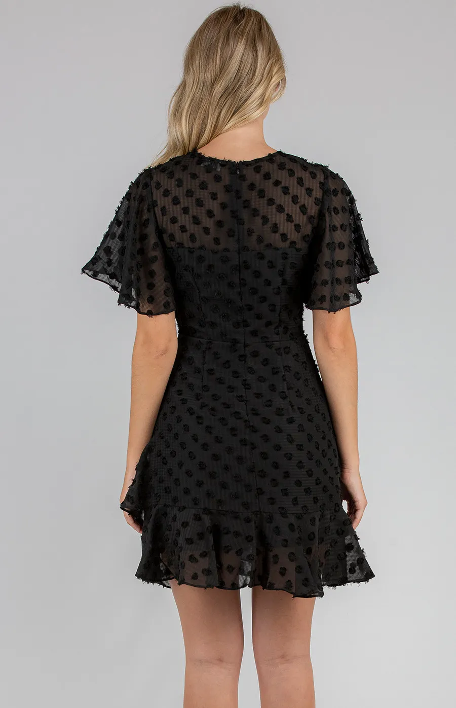 Textured Dress with Frill Hem and Flutter Sleeves (ADR985B)