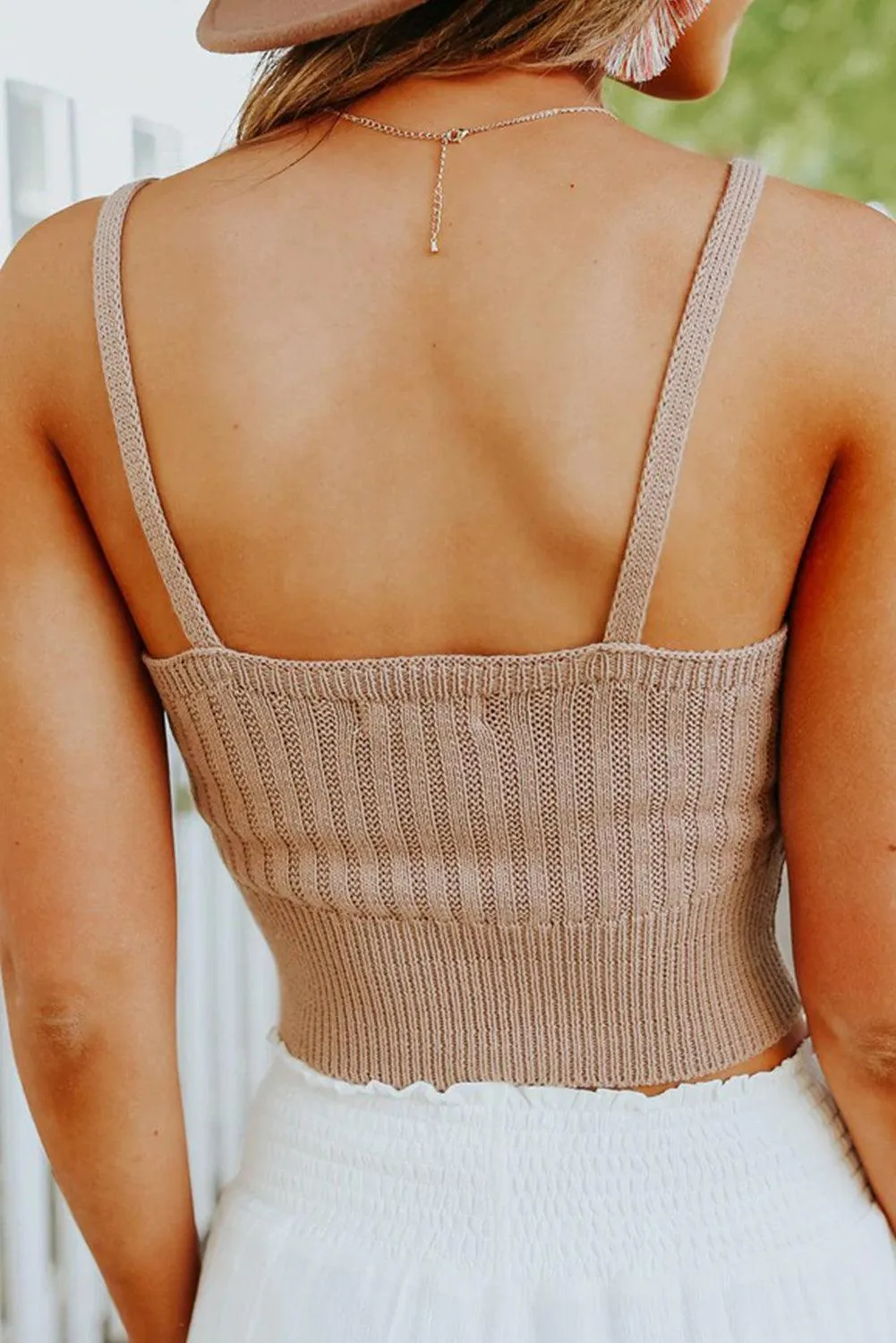 V-Neck Ribbed Knitted Crop Top - Apricot