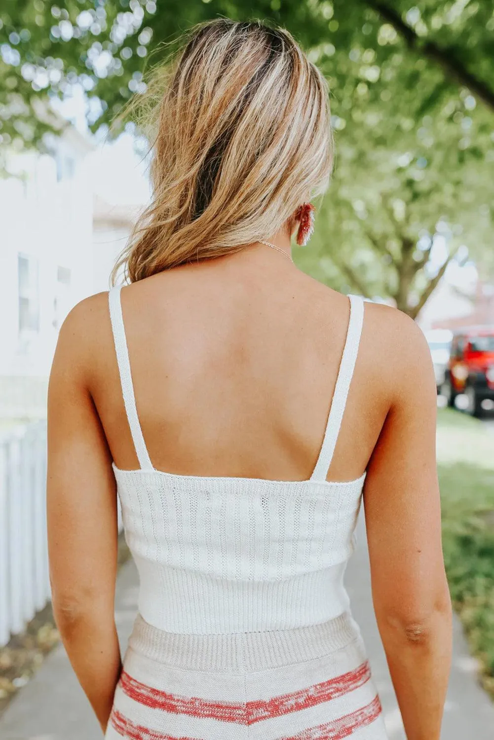 V-Neck Ribbed Knitted Crop Top - White