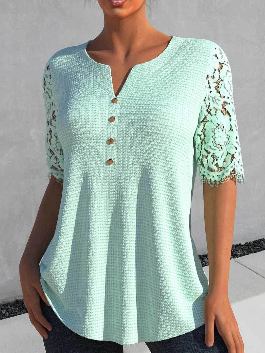 White and Green Lace Detail Short Sleeve Women's Casual Blouse