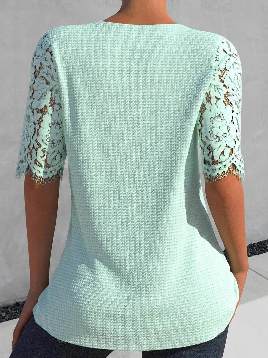 White and Green Lace Detail Short Sleeve Women's Casual Blouse