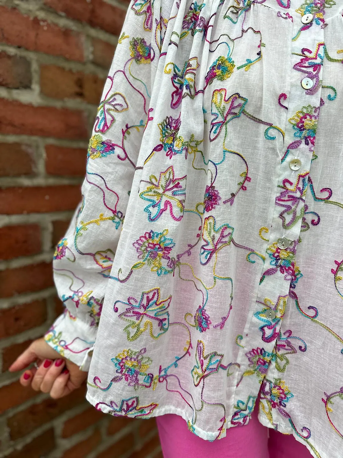 White Rainbow Embroidered Leaf Blouse Kaye