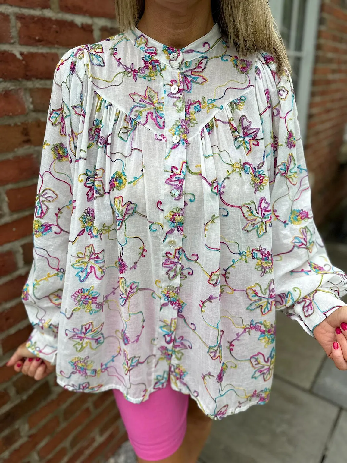 White Rainbow Embroidered Leaf Blouse Kaye