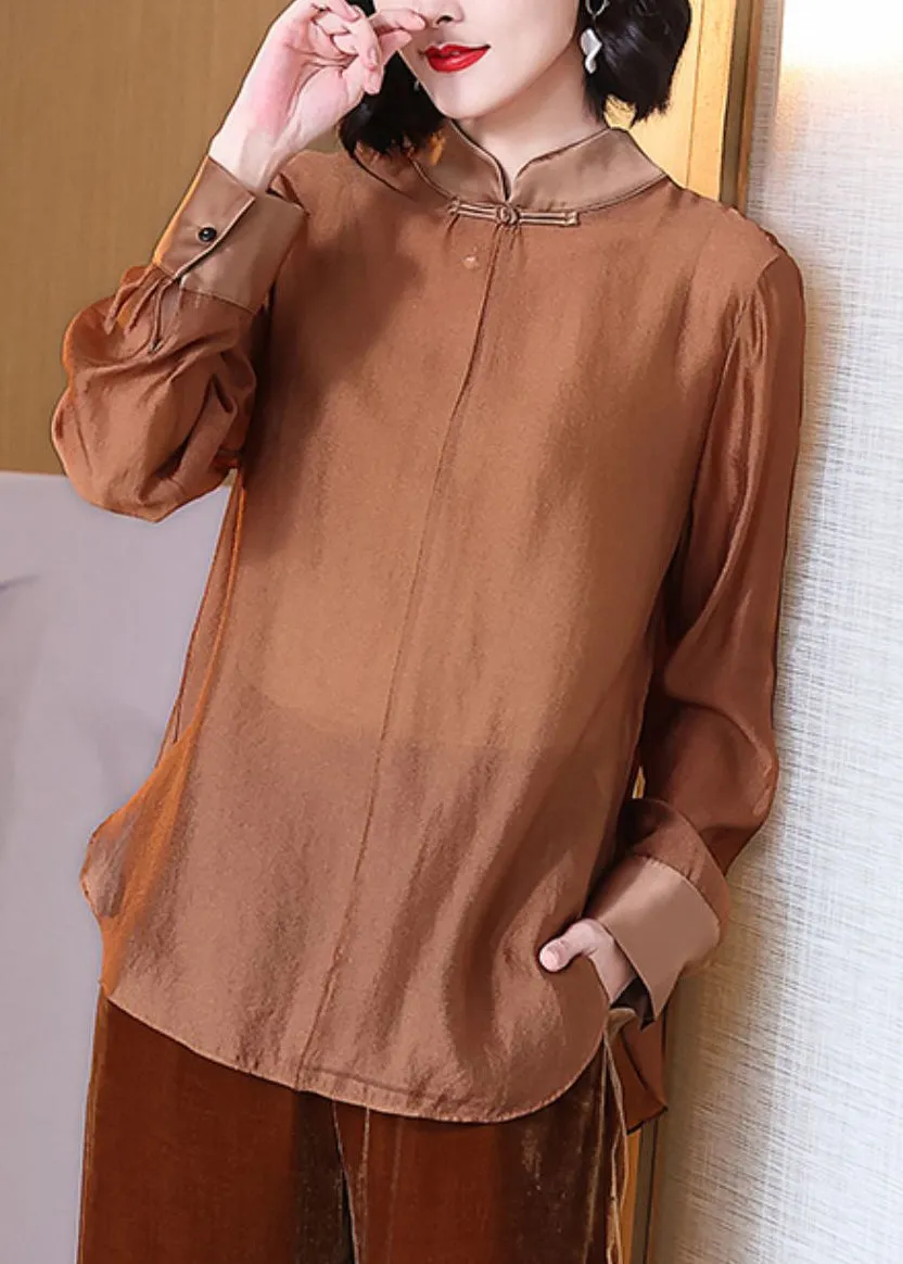 Women Coffee Stand Collar Button Cotton Shirt Spring QA1036