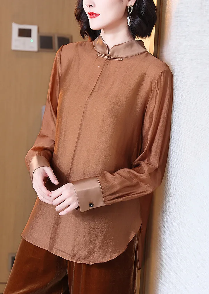 Women Coffee Stand Collar Button Cotton Shirt Spring QA1036