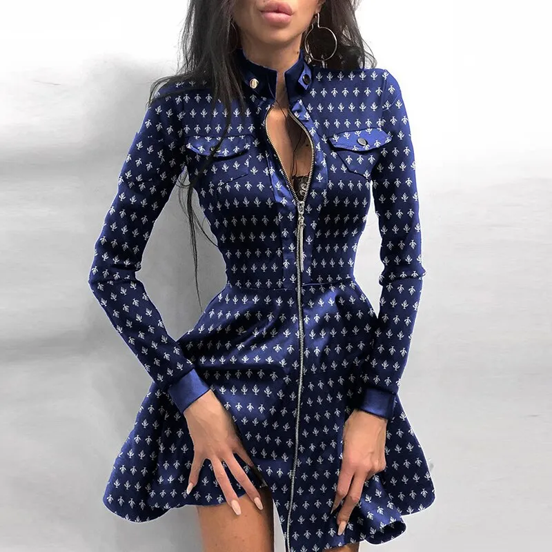 Women Vintage Plaid Zippers Mini Dress Grunge Autumn Long Sleeve Lace Patchwork Party Office Sundress Lady Stand Collar Vestidos