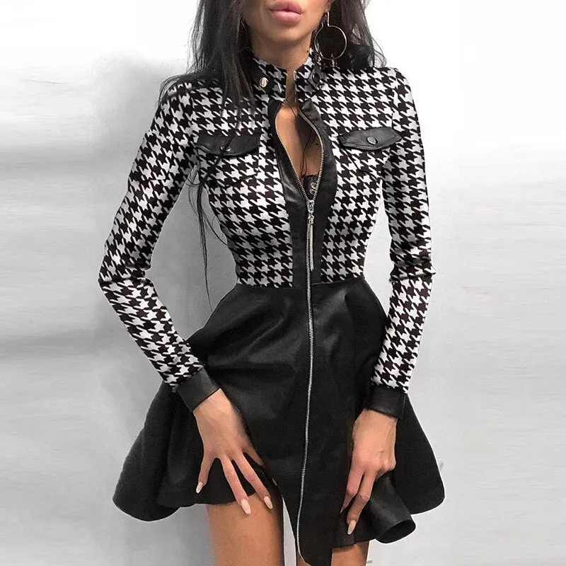 Women Vintage Plaid Zippers Mini Dress Grunge Autumn Long Sleeve Lace Patchwork Party Office Sundress Lady Stand Collar Vestidos