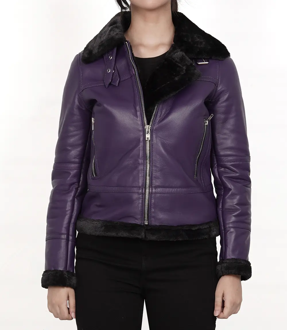 Women's Leather Shearling Bomber Jacket -B3 Purple Jacket Belted Collar