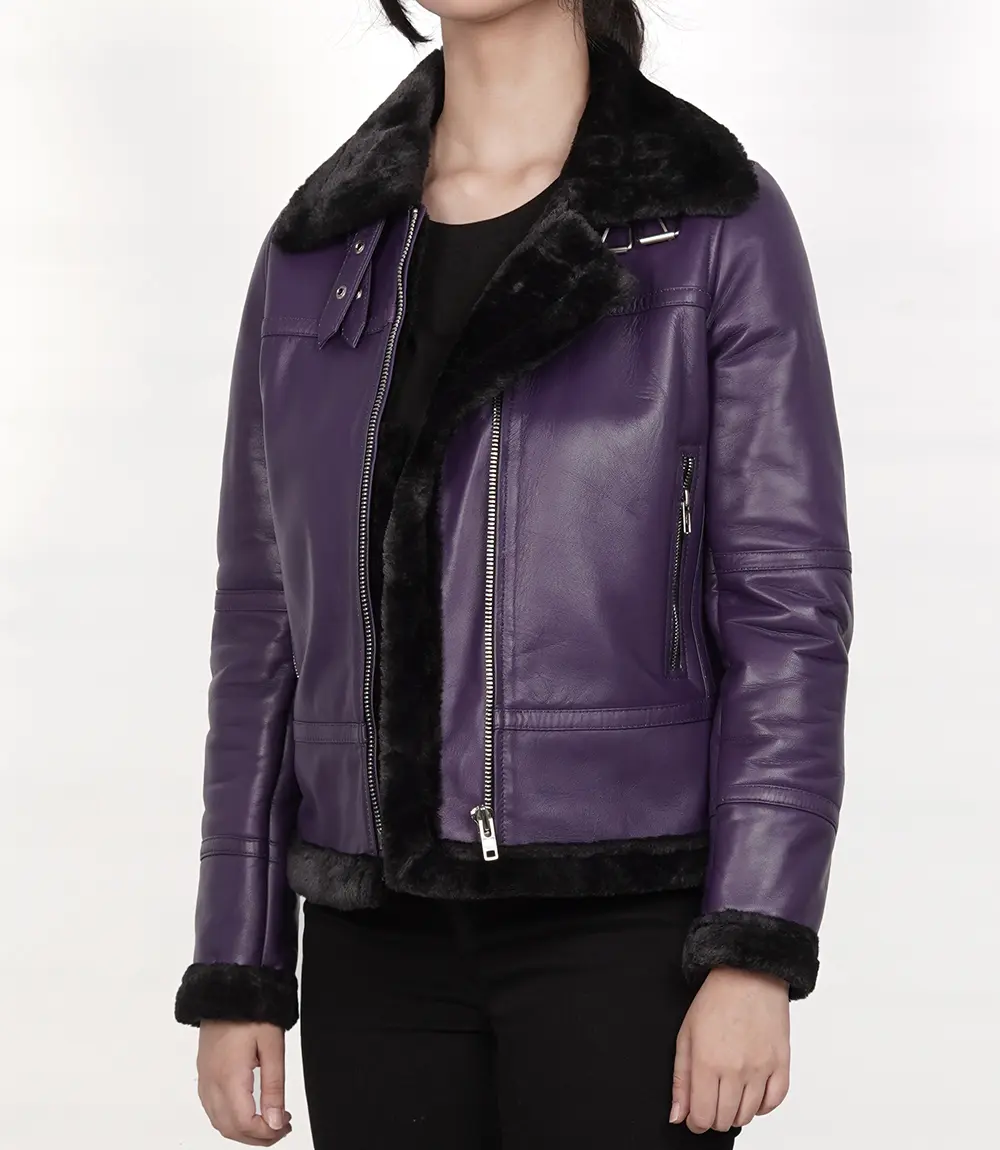 Women's Leather Shearling Bomber Jacket -B3 Purple Jacket Belted Collar