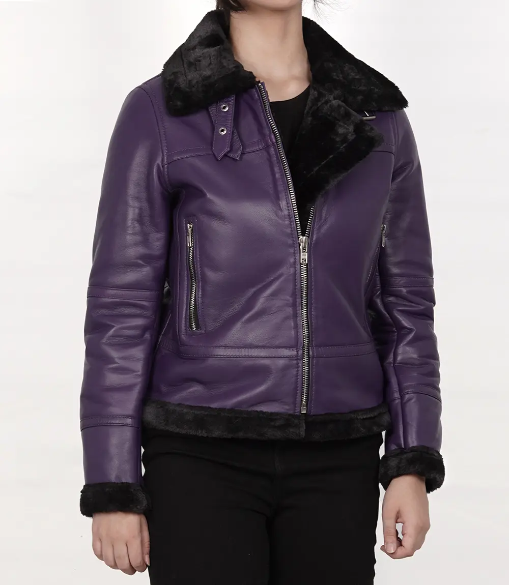 Women's Leather Shearling Bomber Jacket -B3 Purple Jacket Belted Collar