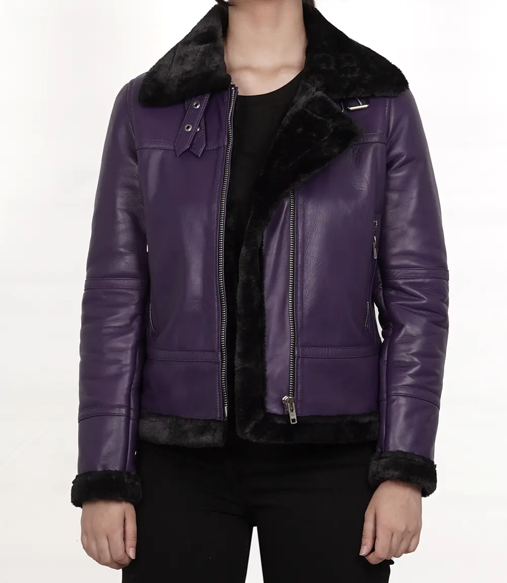 Women's Leather Shearling Bomber Jacket -B3 Purple Jacket Belted Collar