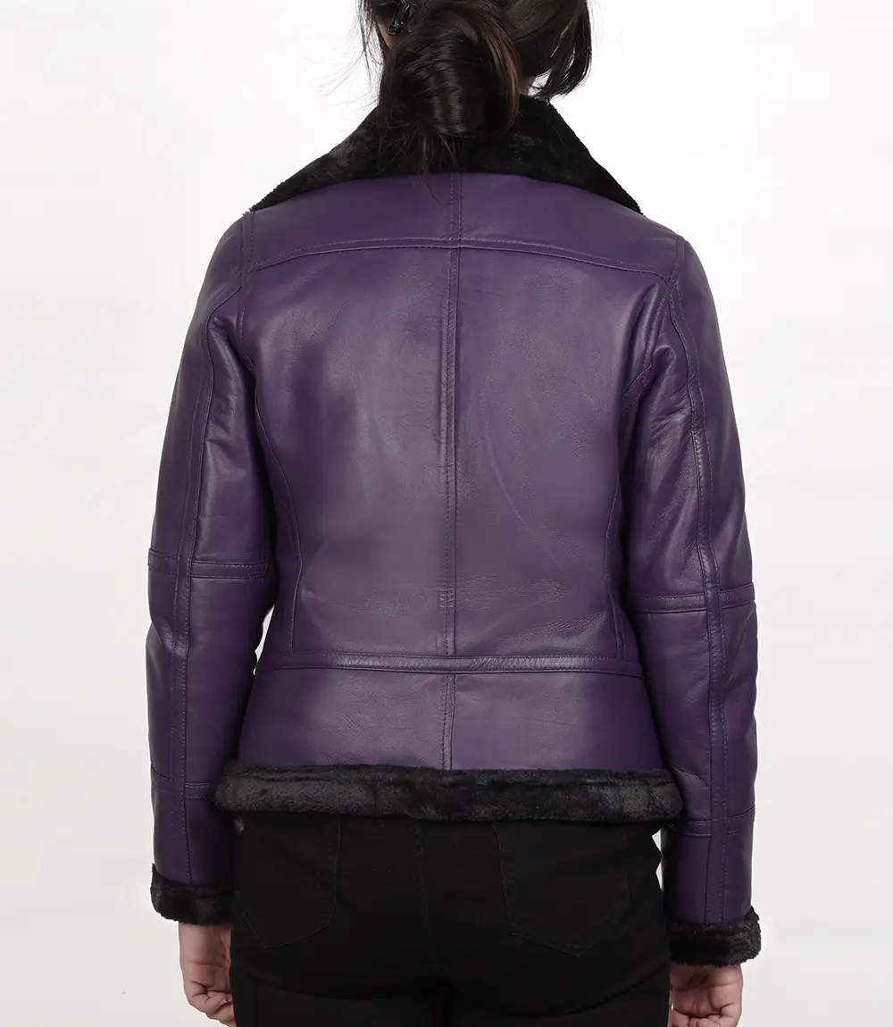 Women's Leather Shearling Bomber Jacket -B3 Purple Jacket Belted Collar