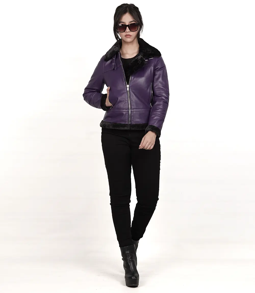 Women's Leather Shearling Bomber Jacket -B3 Purple Jacket Belted Collar