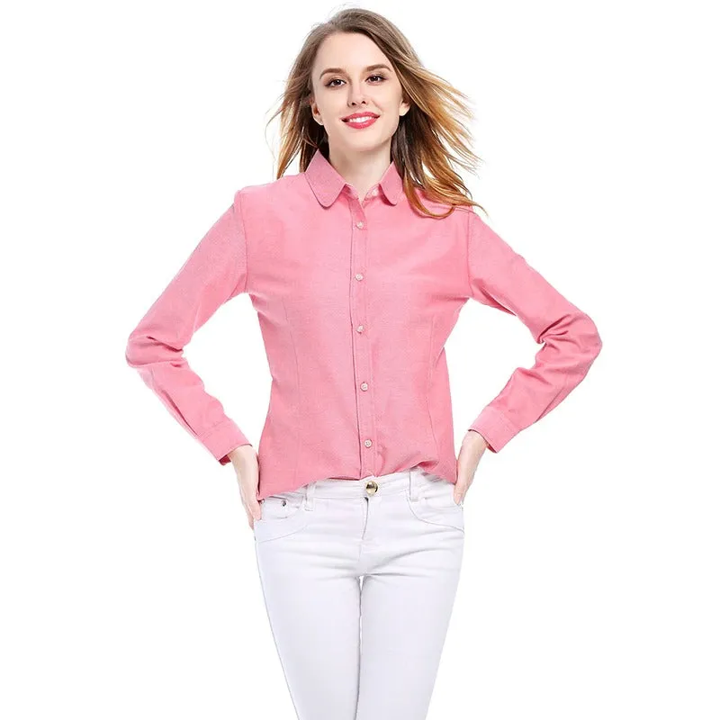 Women's Cotton Solid Oxford Long Sleeve Blouse with Collar and Buttons