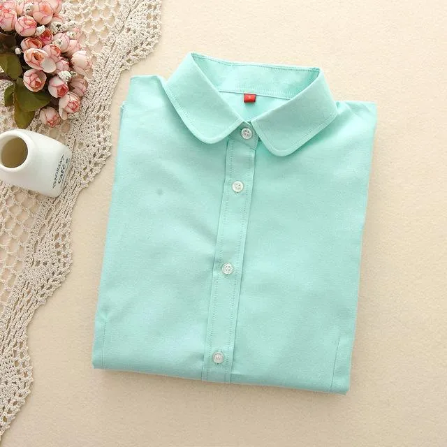 Women's Cotton Solid Oxford Long Sleeve Blouse with Collar and Buttons