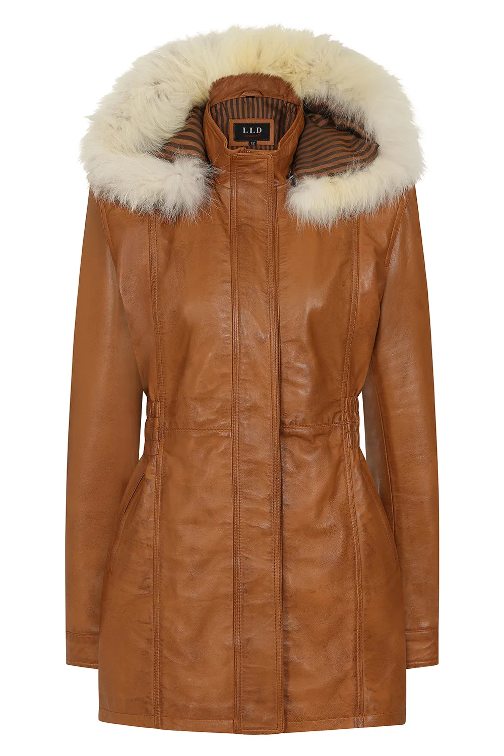 Women's Detachable Fur Trimmed Hood Tan Leather Jacket Coat - 'BARBARA'