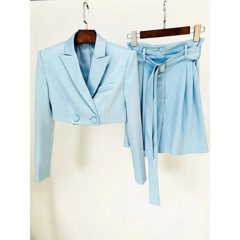 Women's High Street Style Crop Blazer Belted Shorts Two-Piece Set