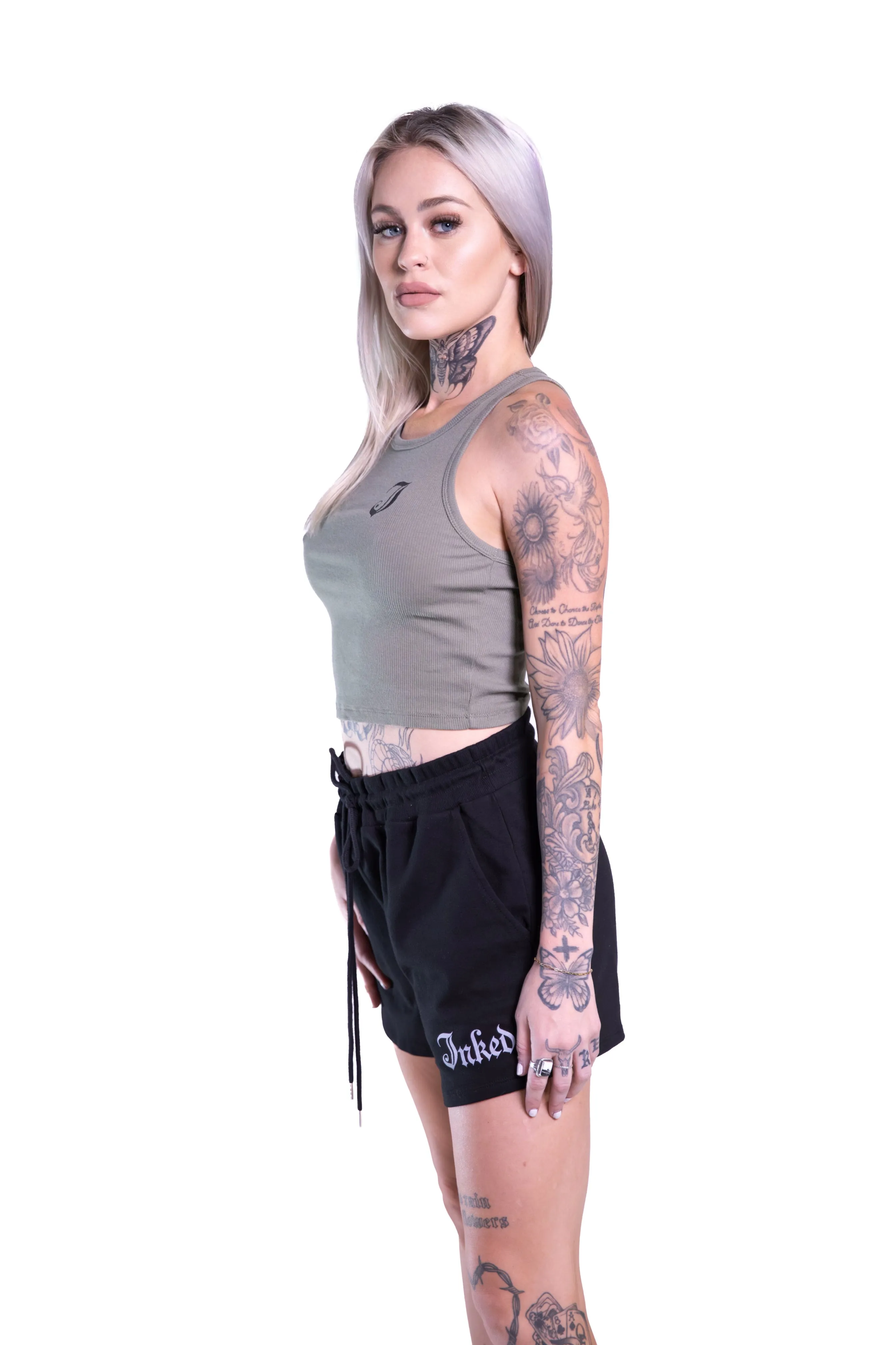 Women's Inked Icon Logo Crop Tank - Olive /Black