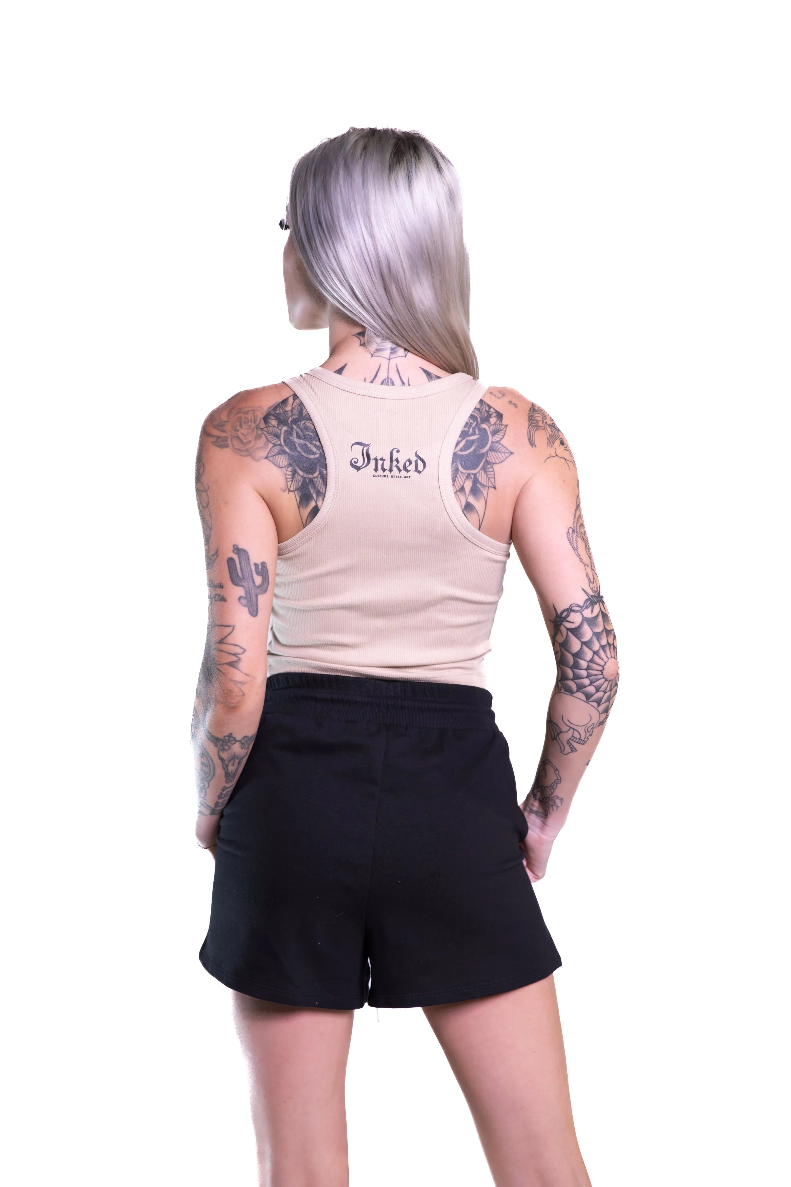 Women's Inked Icon Logo Crop Tank - Tan/Black