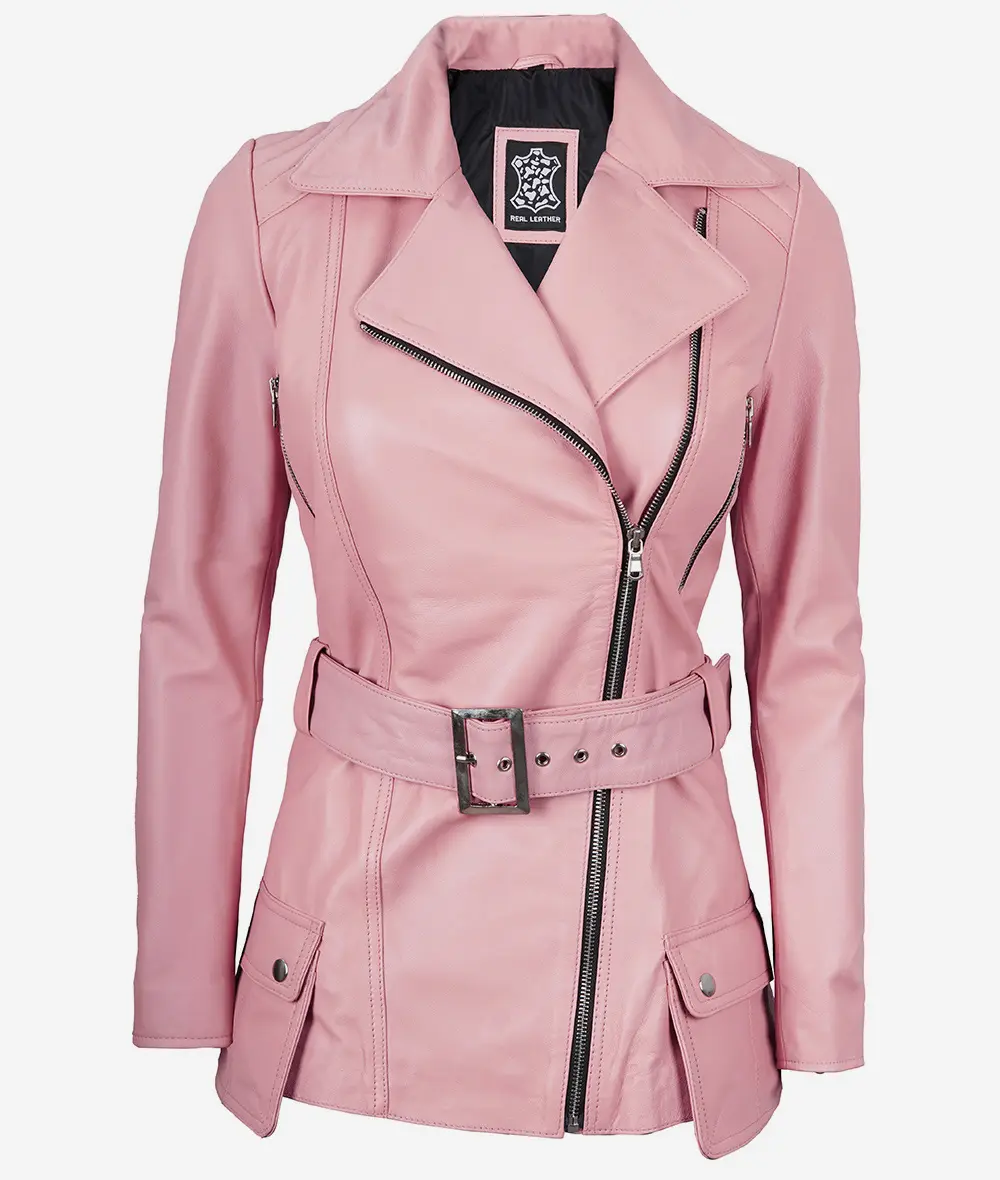 Womens Pink Belted Moto Leather Jacket