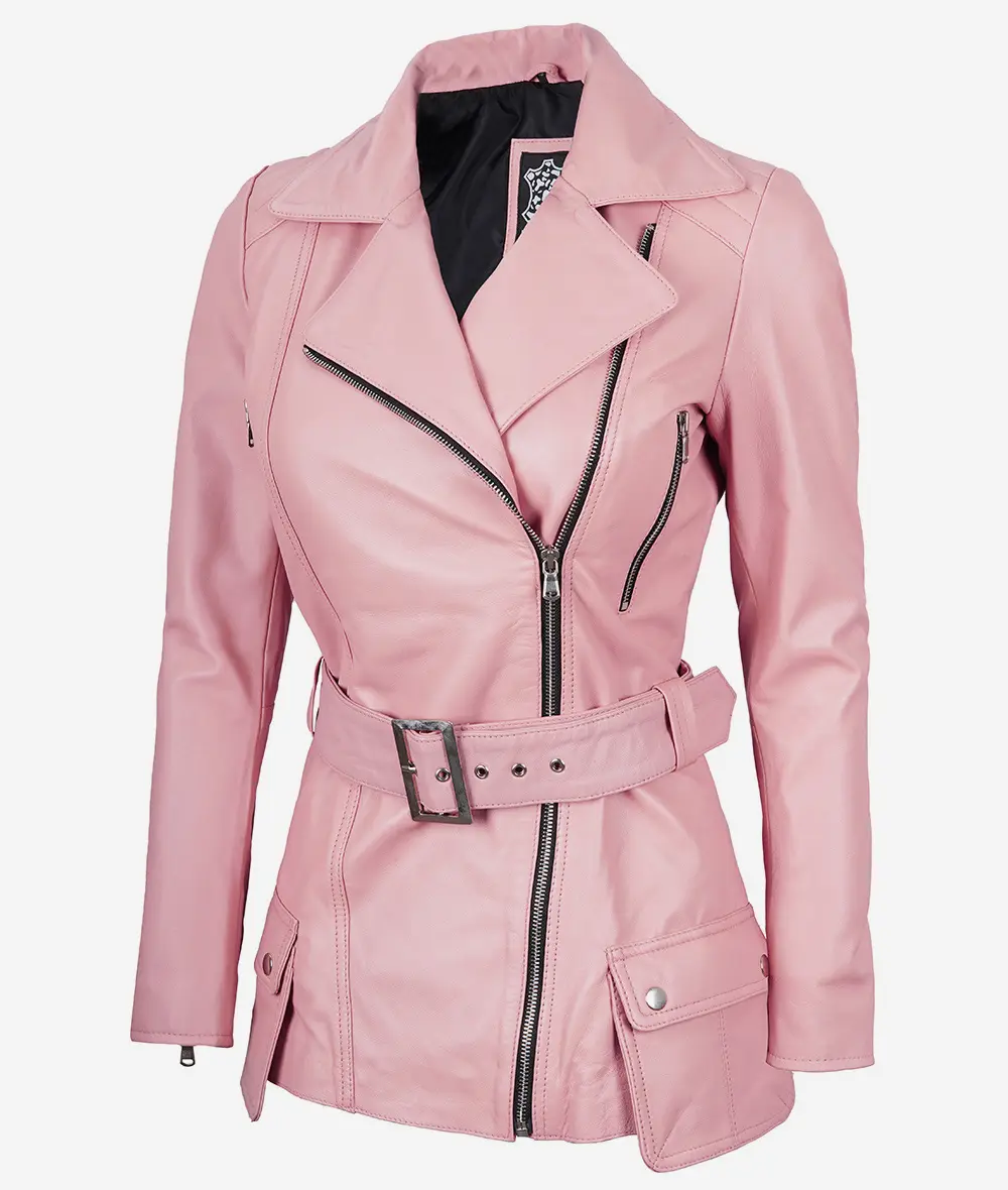 Womens Pink Belted Moto Leather Jacket