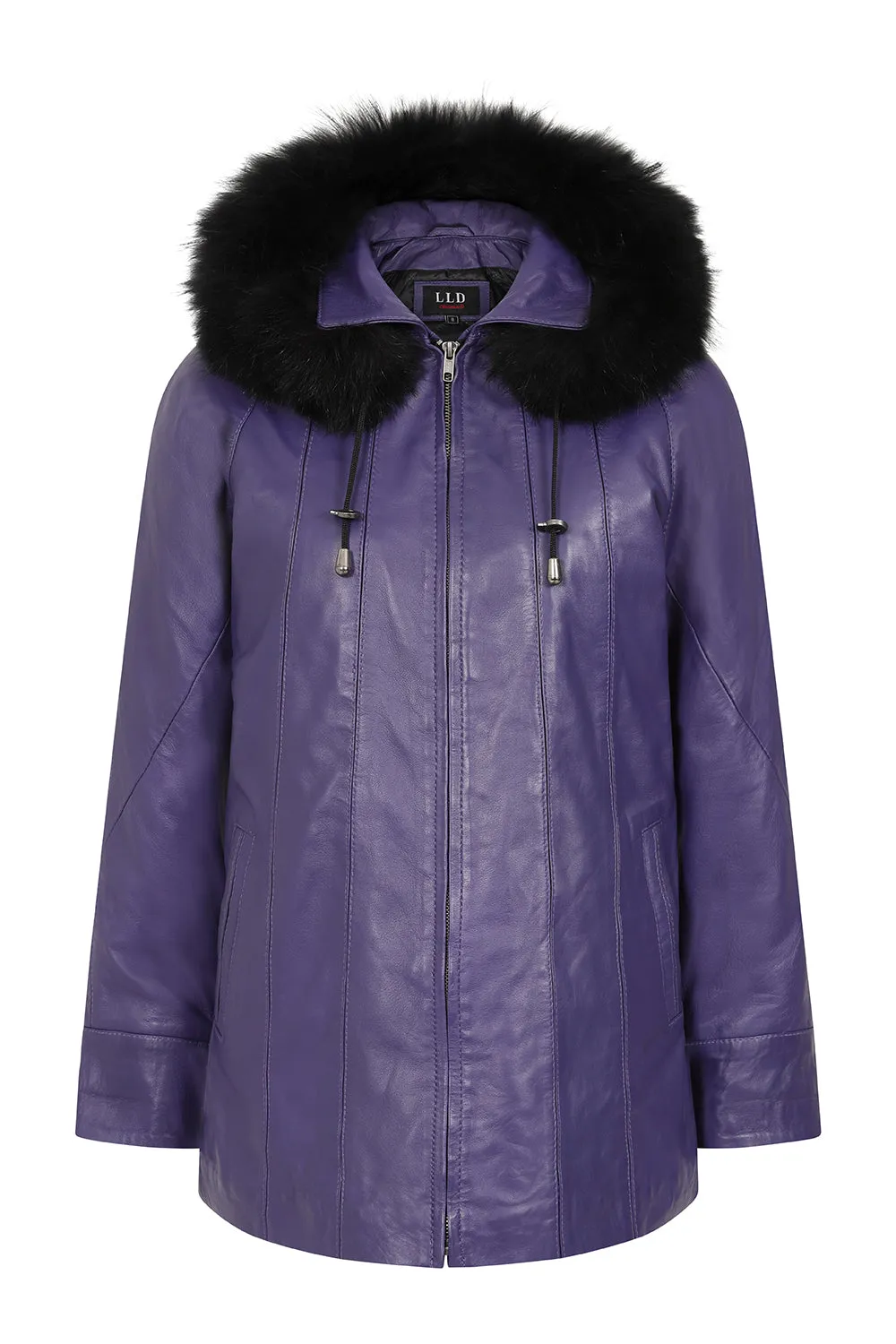 Women's Quality Purple Leather Hip Length Coat with Fur Trimmed Detachable Hood - 'CARLA'