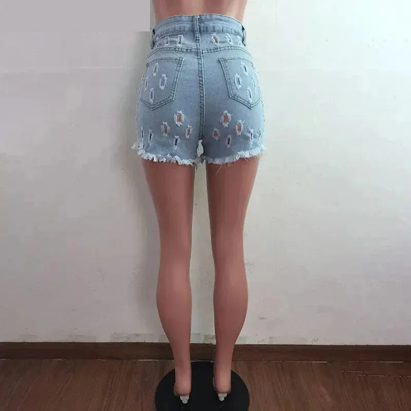 Women's Sexy Distressed Hollow Ripped Low Waist Tight Denim Shorts