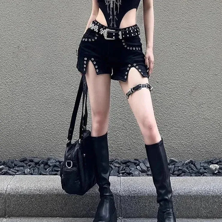 Women's Sexy Punk Goth Style Low Waisted Thin Slit Denim Shorts