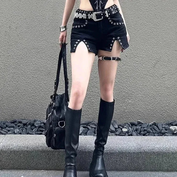 Women's Sexy Punk Goth Style Low Waisted Thin Slit Denim Shorts