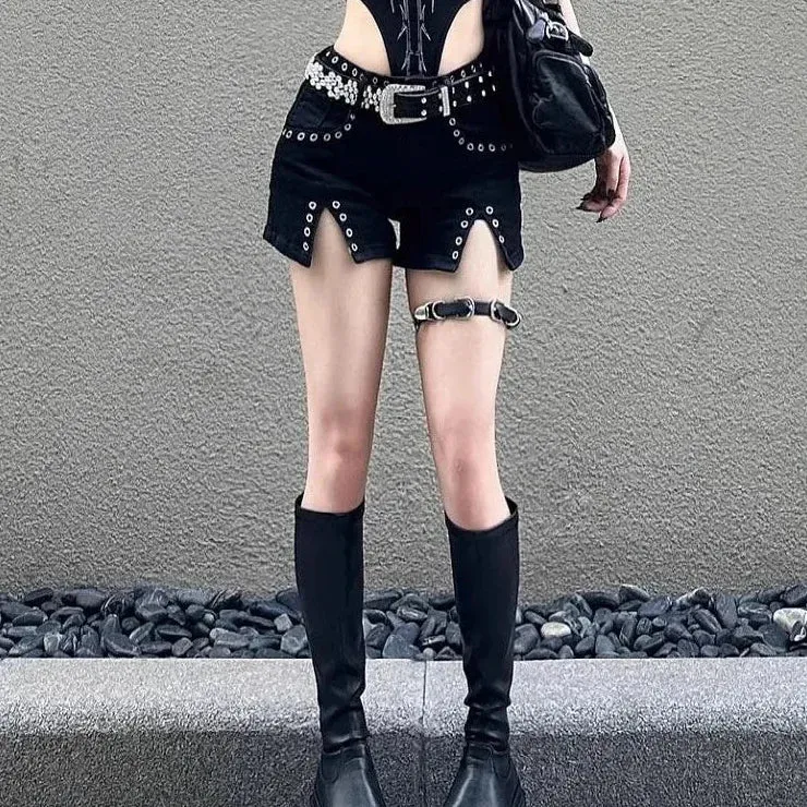 Women's Sexy Punk Goth Style Low Waisted Thin Slit Denim Shorts